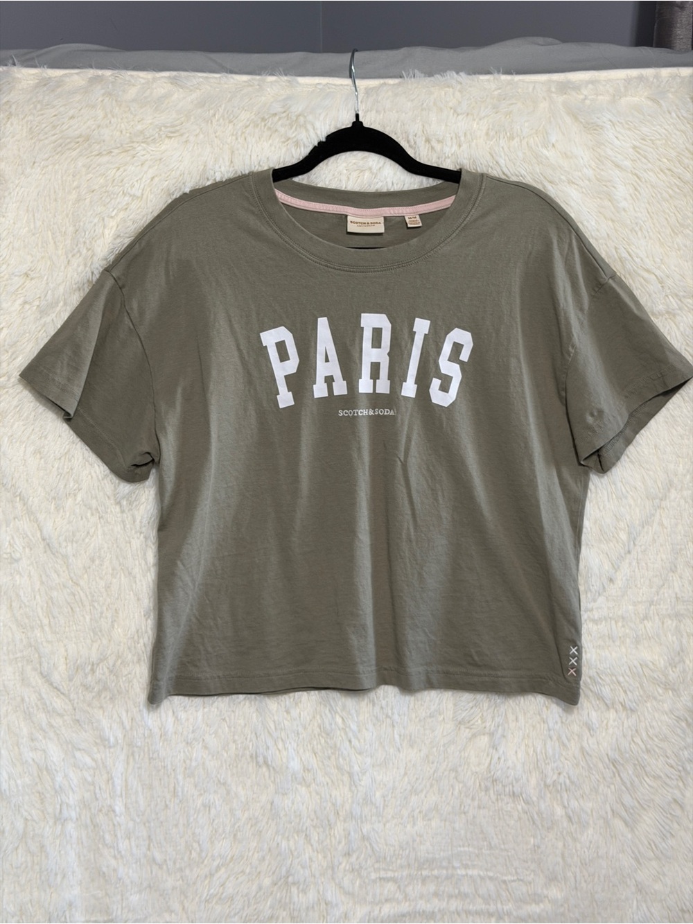 Scotch & Soda Womens Cropped Boxy City Graphic T-Shirt M Sage Green Minimalist